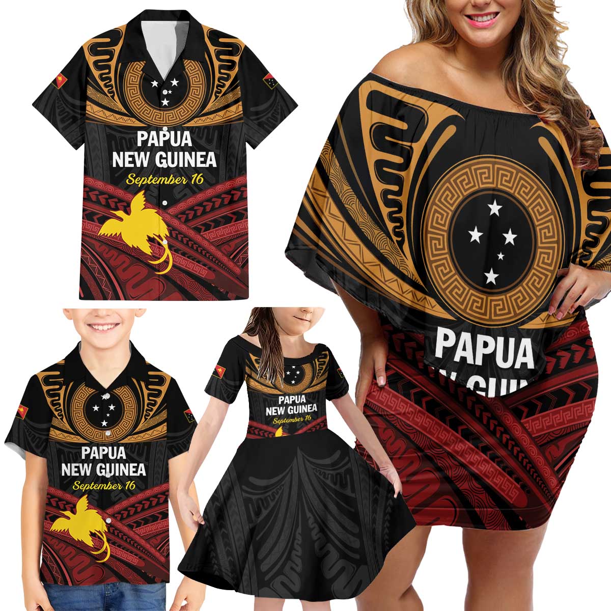 Papua New Guinea Bird of Paradise Family Matching Off Shoulder Short Dress and Hawaiian Shirt 16 September 1975 Independence Day Anniversary LT01 - Polynesian Pride