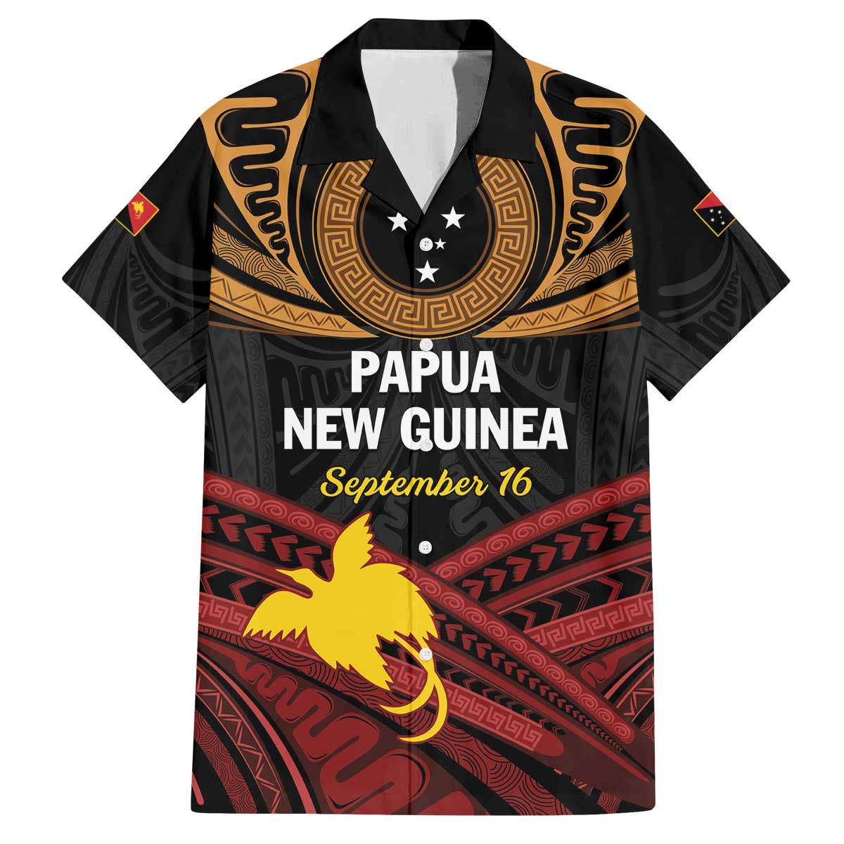 Papua New Guinea Bird of Paradise Family Matching Puletasi and Hawaiian Shirt 16 September 1975 Independence Day Anniversary LT01 Dad's Shirt - Short Sleeve Black - Polynesian Pride