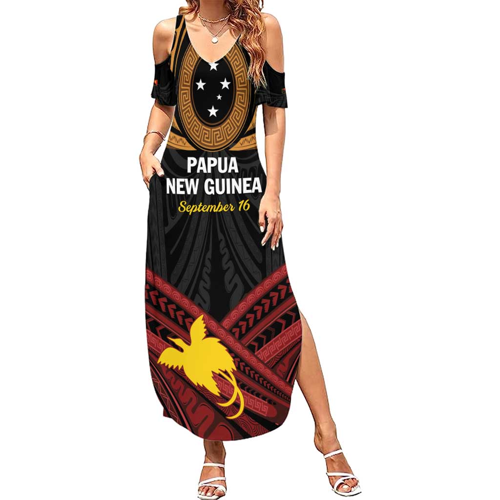 Papua New Guinea Bird of Paradise Family Matching Summer Maxi Dress and Hawaiian Shirt 16 September 1975 Independence Day Anniversary LT01 Mom's Dress Black - Polynesian Pride