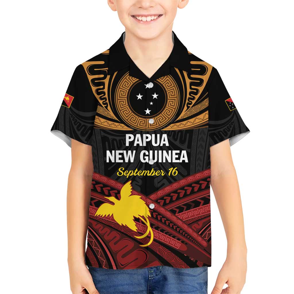 Papua New Guinea Bird of Paradise Family Matching Summer Maxi Dress and Hawaiian Shirt 16 September 1975 Independence Day Anniversary LT01 Son's Shirt Black - Polynesian Pride