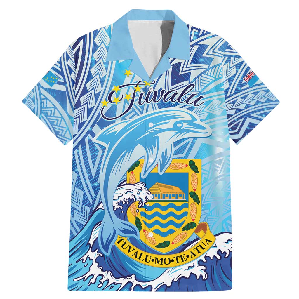 Tuvalu mo te Atua Family Matching Mermaid Dress and Hawaiian Shirt Tuvalu Dolphin Polynesian Pattern LT01 Dad's Shirt - Short Sleeve Blue - Polynesian Pride