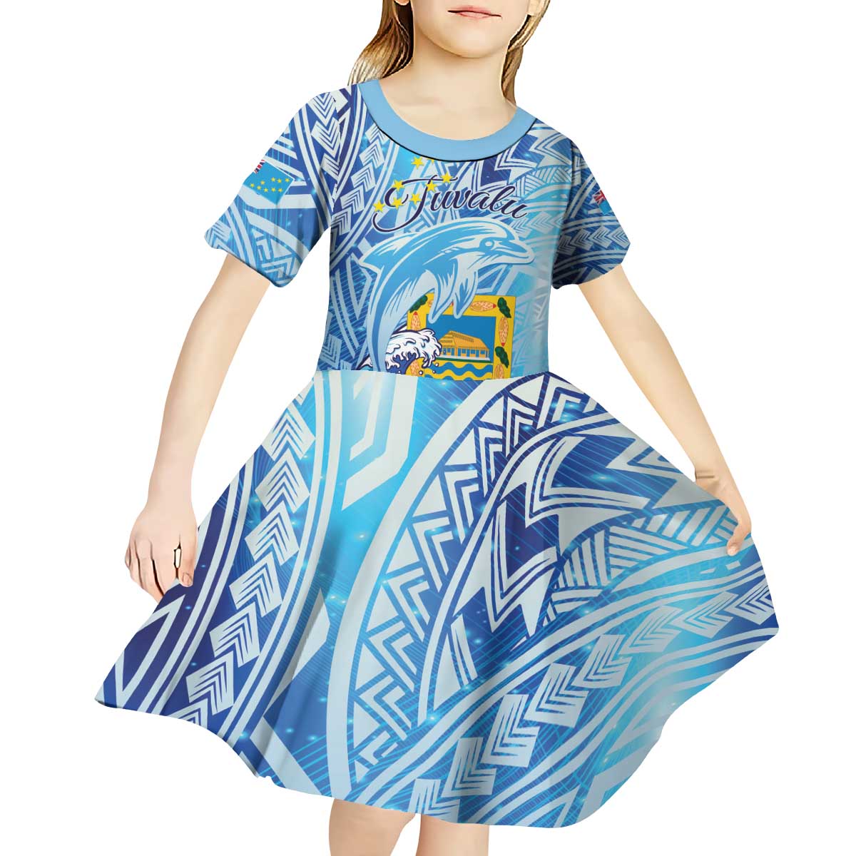 Tuvalu mo te Atua Kid Short Sleeve Dress Tuvalu Dolphin Polynesian Pattern LT01 - Polynesian Pride