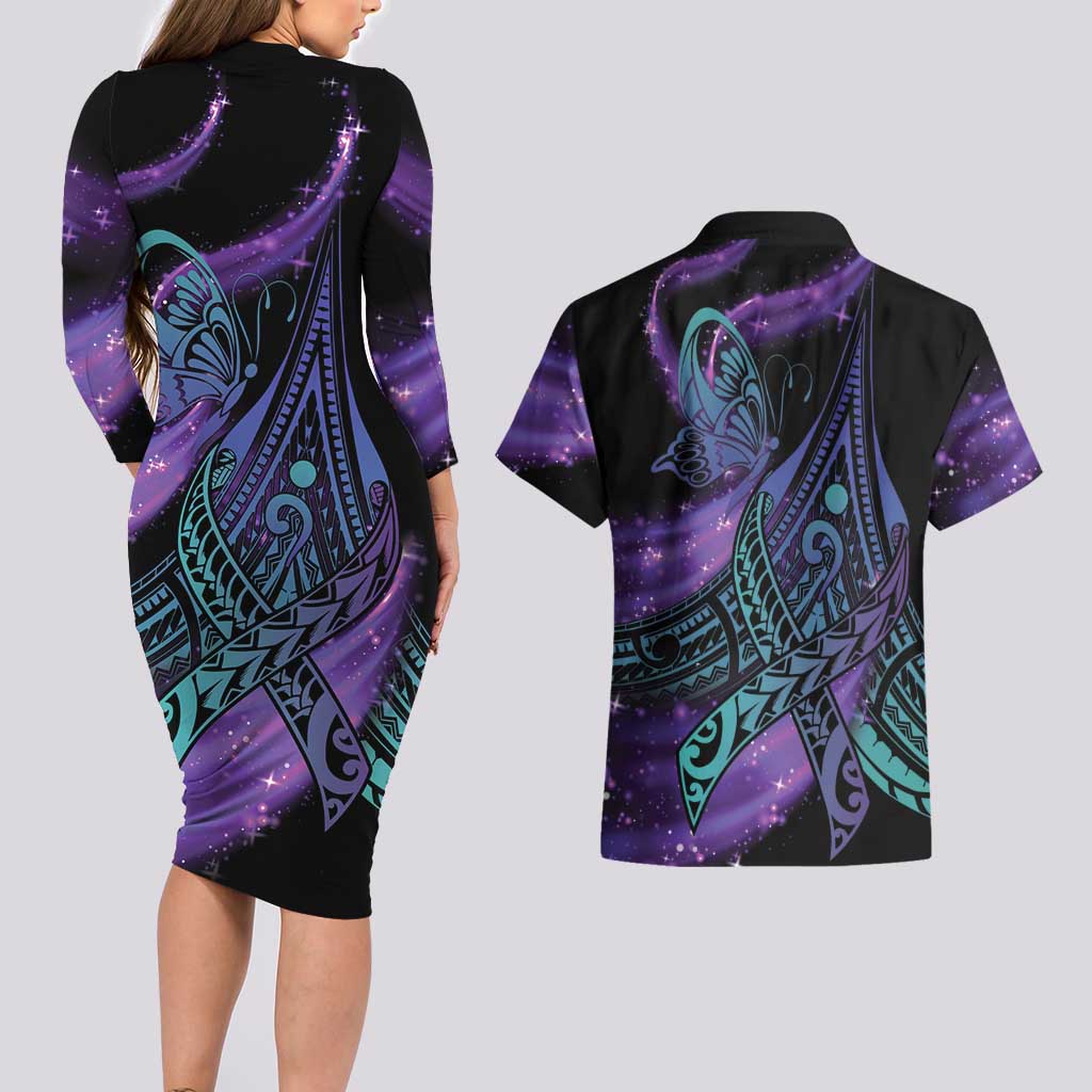 In September We Wear Teal And Purple Couples Matching Long Sleeve Bodycon Dress and Hawaiian Shirt Magic Ribbon Semicolon LT01 - Polynesian Pride