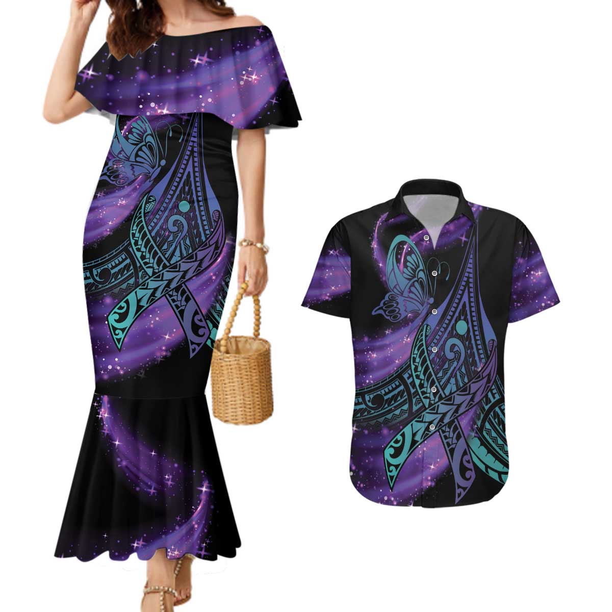 In September We Wear Teal And Purple Couples Matching Mermaid Dress and Hawaiian Shirt Magic Ribbon Semicolon LT01 Purple - Polynesian Pride