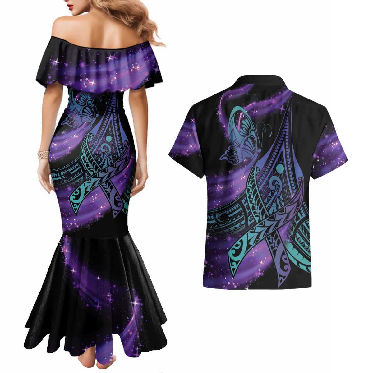 In September We Wear Teal And Purple Couples Matching Mermaid Dress and Hawaiian Shirt Magic Ribbon Semicolon LT01 - Polynesian Pride
