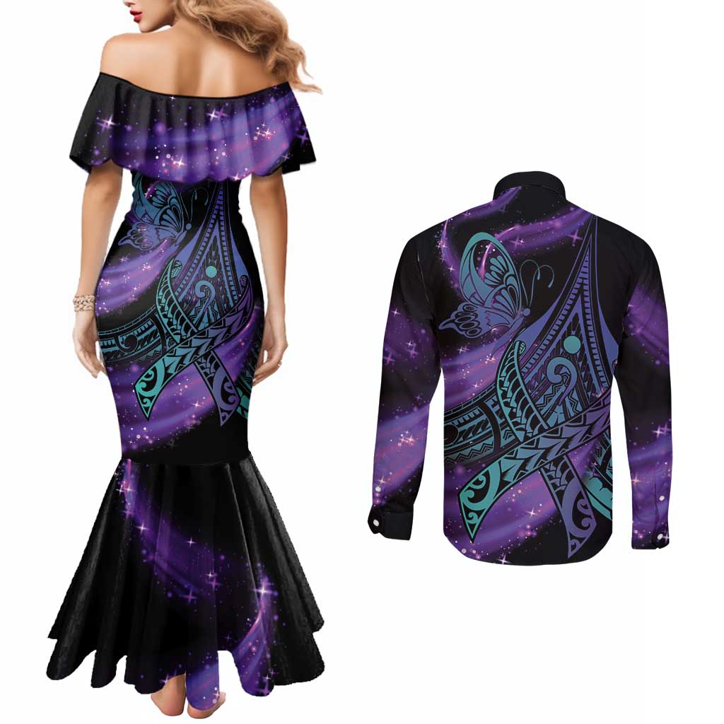 In September We Wear Teal And Purple Couples Matching Mermaid Dress and Long Sleeve Button Shirt Magic Ribbon Semicolon