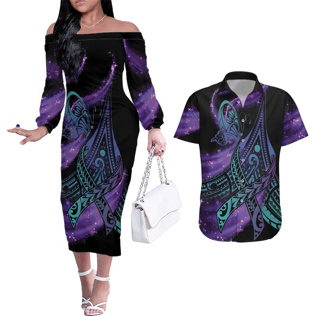 In September We Wear Teal And Purple Couples Matching Off The Shoulder Long Sleeve Dress and Hawaiian Shirt Magic Ribbon Semicolon LT01 Purple - Polynesian Pride