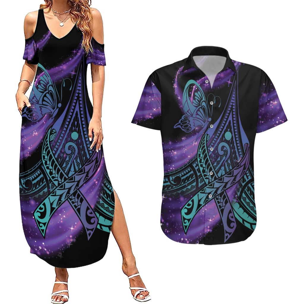 In September We Wear Teal And Purple Couples Matching Summer Maxi Dress and Hawaiian Shirt Magic Ribbon Semicolon