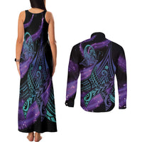 In September We Wear Teal And Purple Couples Matching Tank Maxi Dress and Long Sleeve Button Shirt Magic Ribbon Semicolon