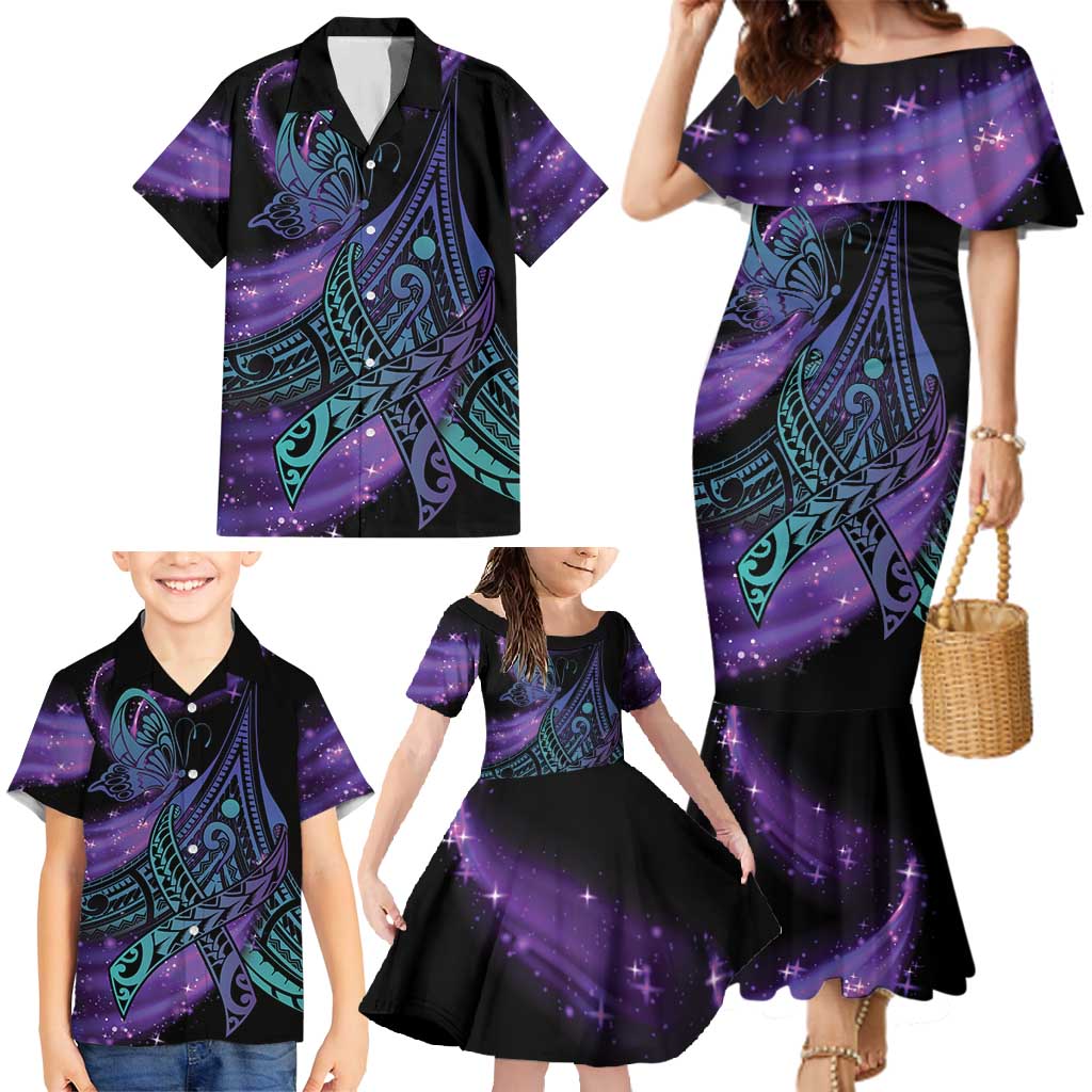 In September We Wear Teal And Purple Family Matching Mermaid Dress and Hawaiian Shirt Magic Ribbon Semicolon LT01 - Polynesian Pride