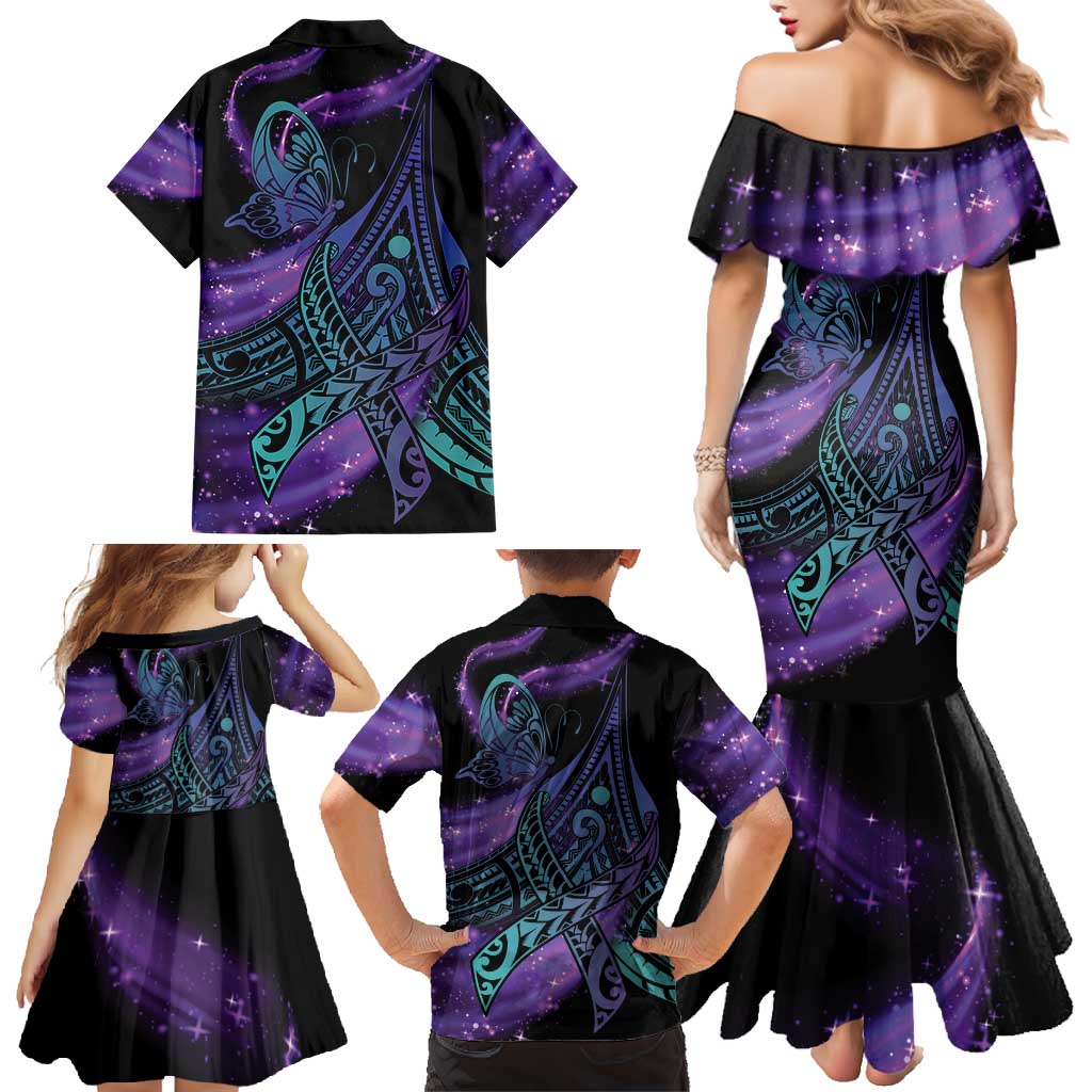 In September We Wear Teal And Purple Family Matching Mermaid Dress and Hawaiian Shirt Magic Ribbon Semicolon LT01 - Polynesian Pride