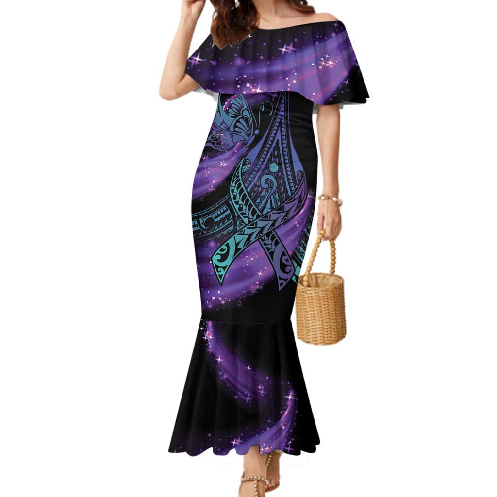 In September We Wear Teal And Purple Family Matching Mermaid Dress and Hawaiian Shirt Magic Ribbon Semicolon LT01 Mom's Dress Purple - Polynesian Pride