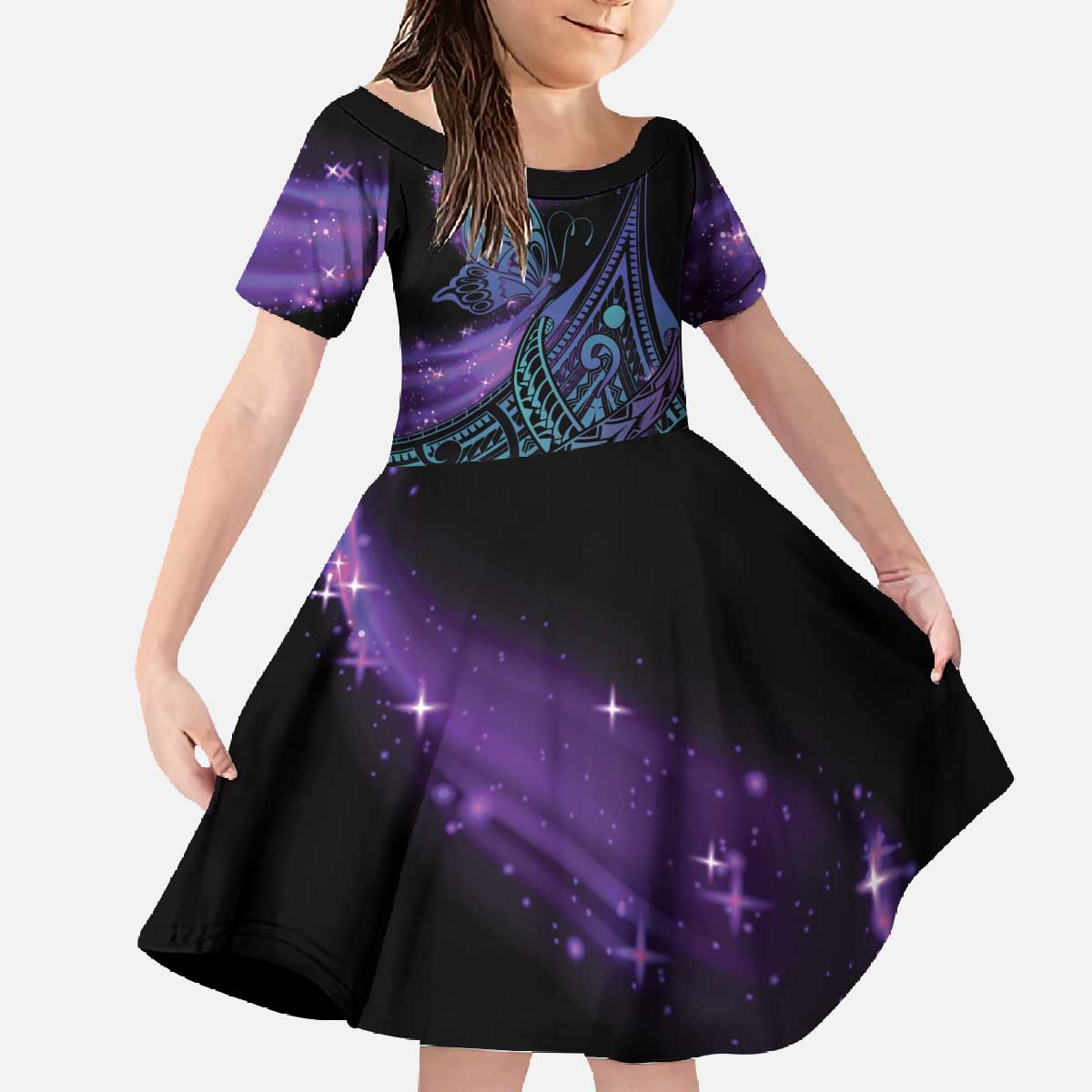 In September We Wear Teal And Purple Family Matching Off The Shoulder Long Sleeve Dress and Hawaiian Shirt Magic Ribbon Semicolon LT01 Daughter's Dress Purple - Polynesian Pride