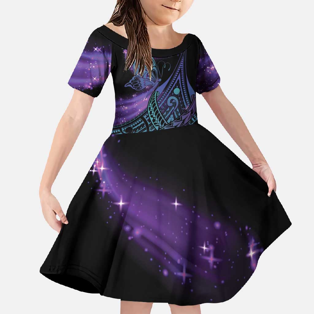 In September We Wear Teal And Purple Family Matching Off Shoulder Maxi Dress and Hawaiian Shirt Magic Ribbon Semicolon LT01 Daughter's Dress Purple - Polynesian Pride