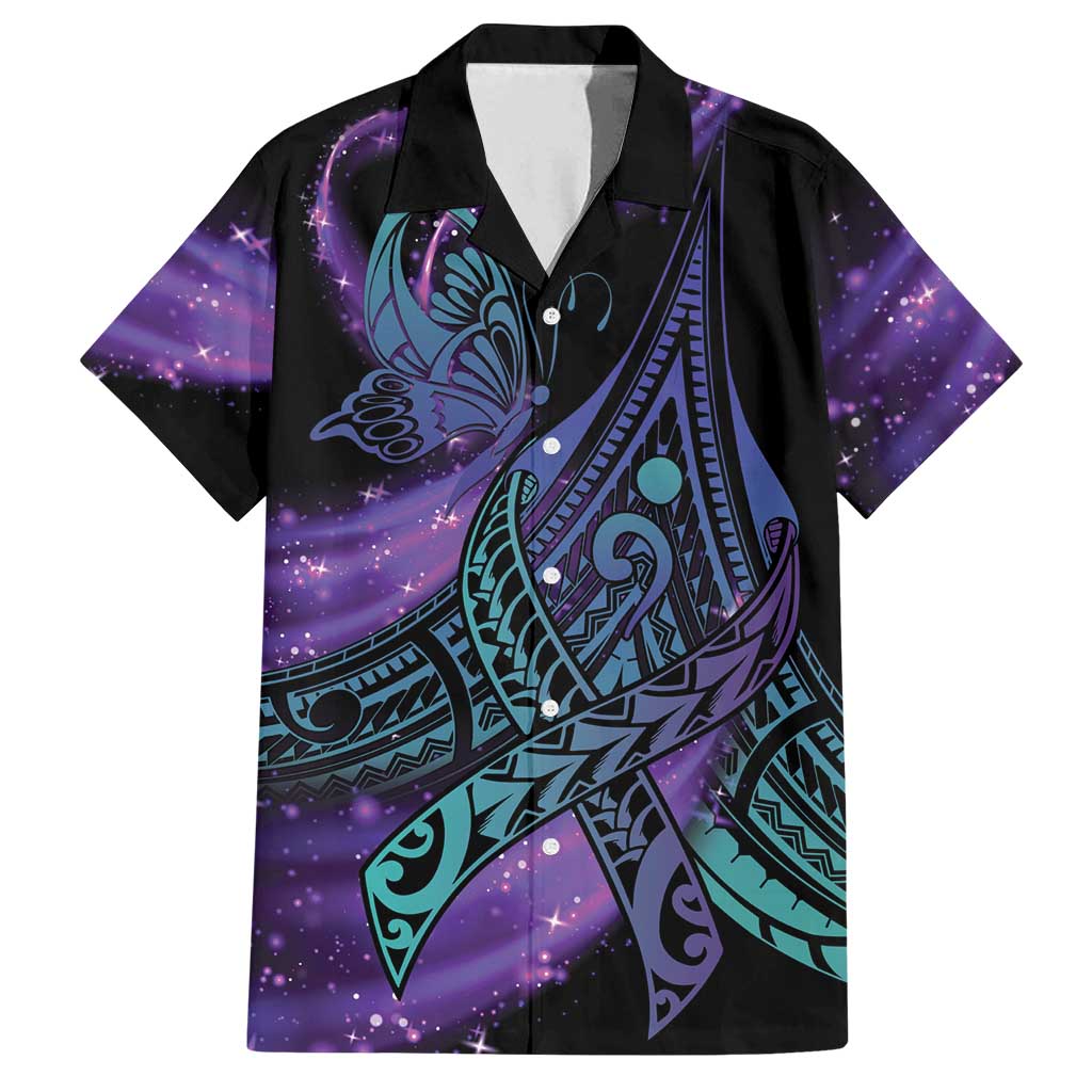 In September We Wear Teal And Purple Family Matching Off Shoulder Maxi Dress and Hawaiian Shirt Magic Ribbon Semicolon LT01 Dad's Shirt - Short Sleeve Purple - Polynesian Pride