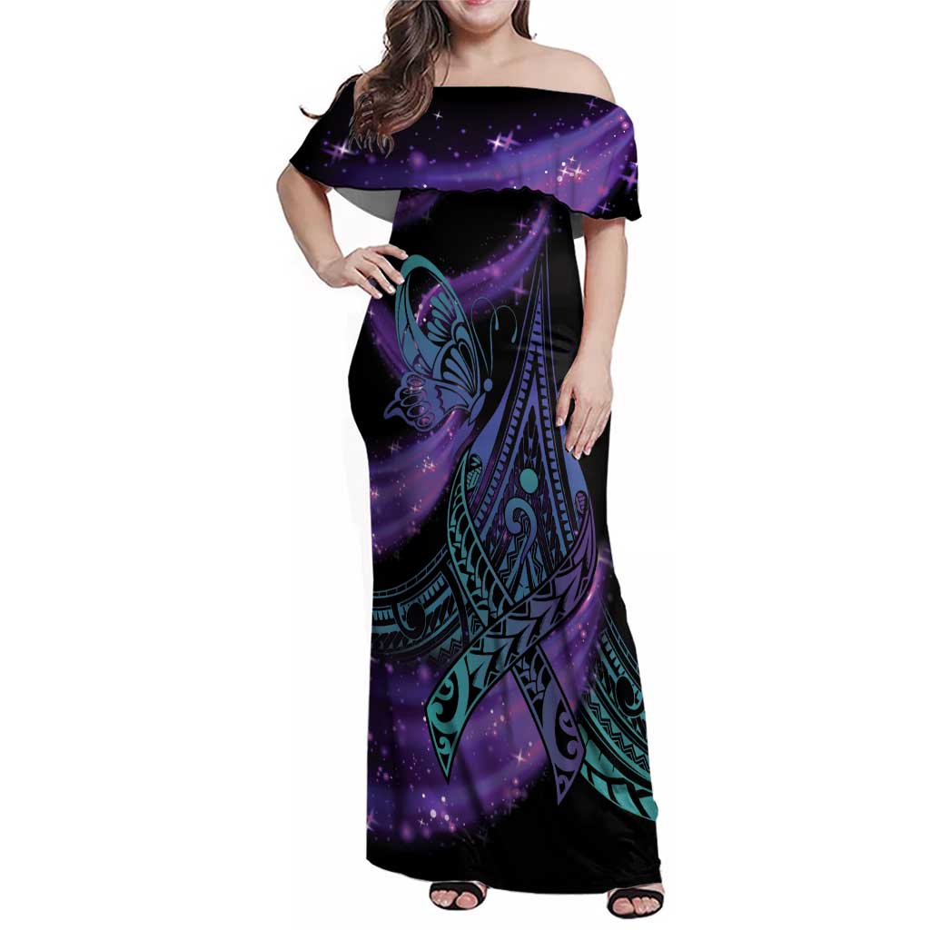 In September We Wear Teal And Purple Family Matching Off Shoulder Maxi Dress and Hawaiian Shirt Magic Ribbon Semicolon LT01 Mom's Dress Purple - Polynesian Pride