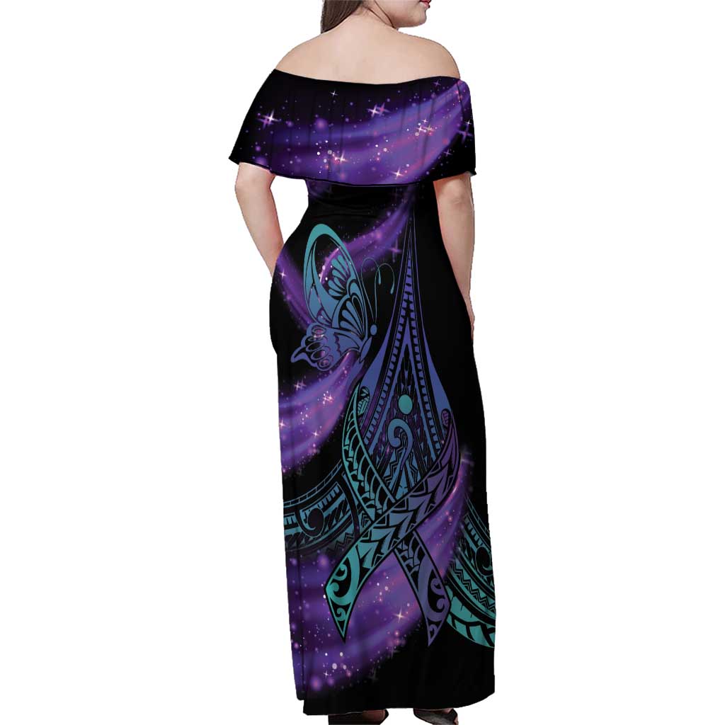In September We Wear Teal And Purple Family Matching Off Shoulder Maxi Dress and Hawaiian Shirt Magic Ribbon Semicolon LT01 - Polynesian Pride