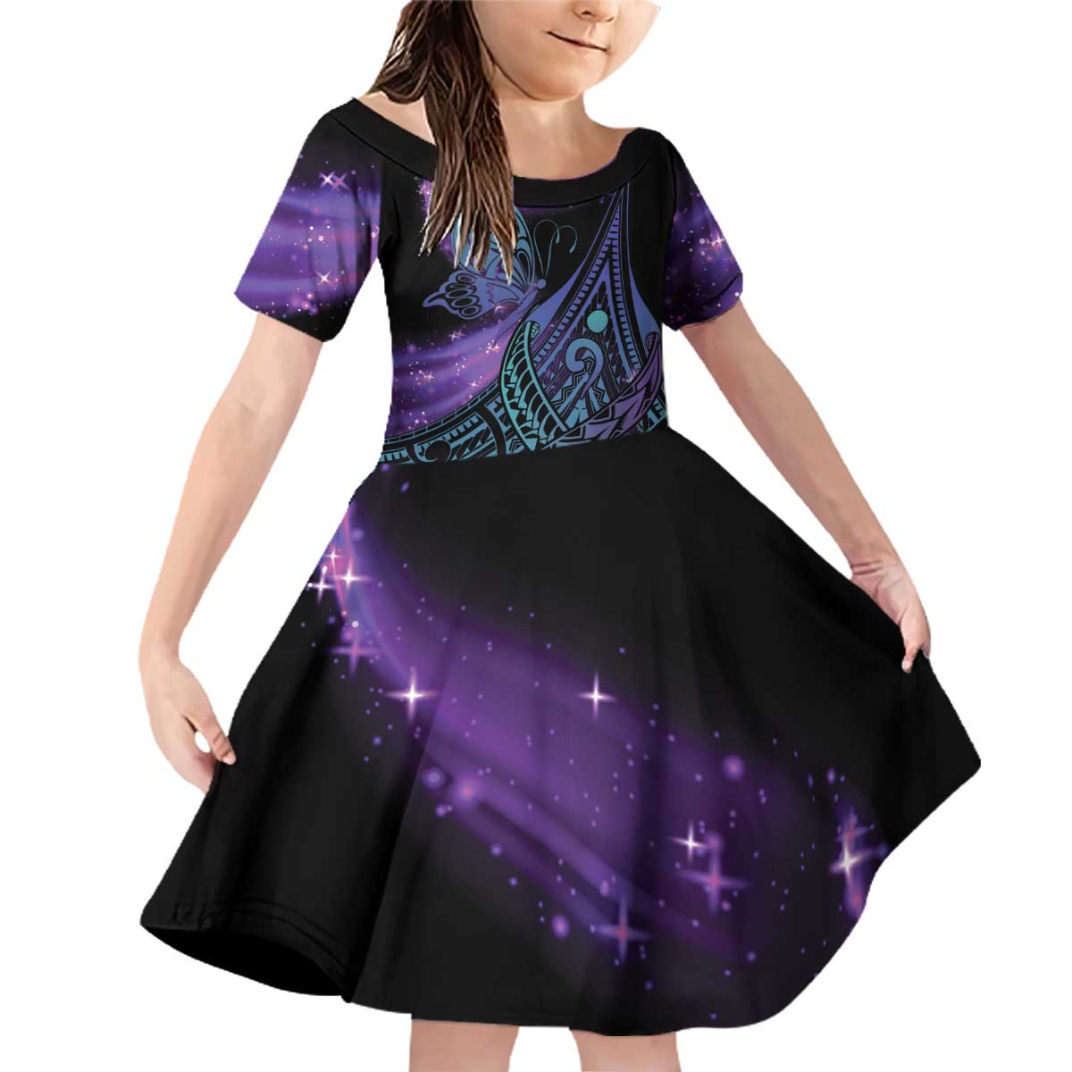 In September We Wear Teal And Purple Family Matching Off Shoulder Short Dress and Hawaiian Shirt Magic Ribbon Semicolon LT01 Daughter's Dress Purple - Polynesian Pride