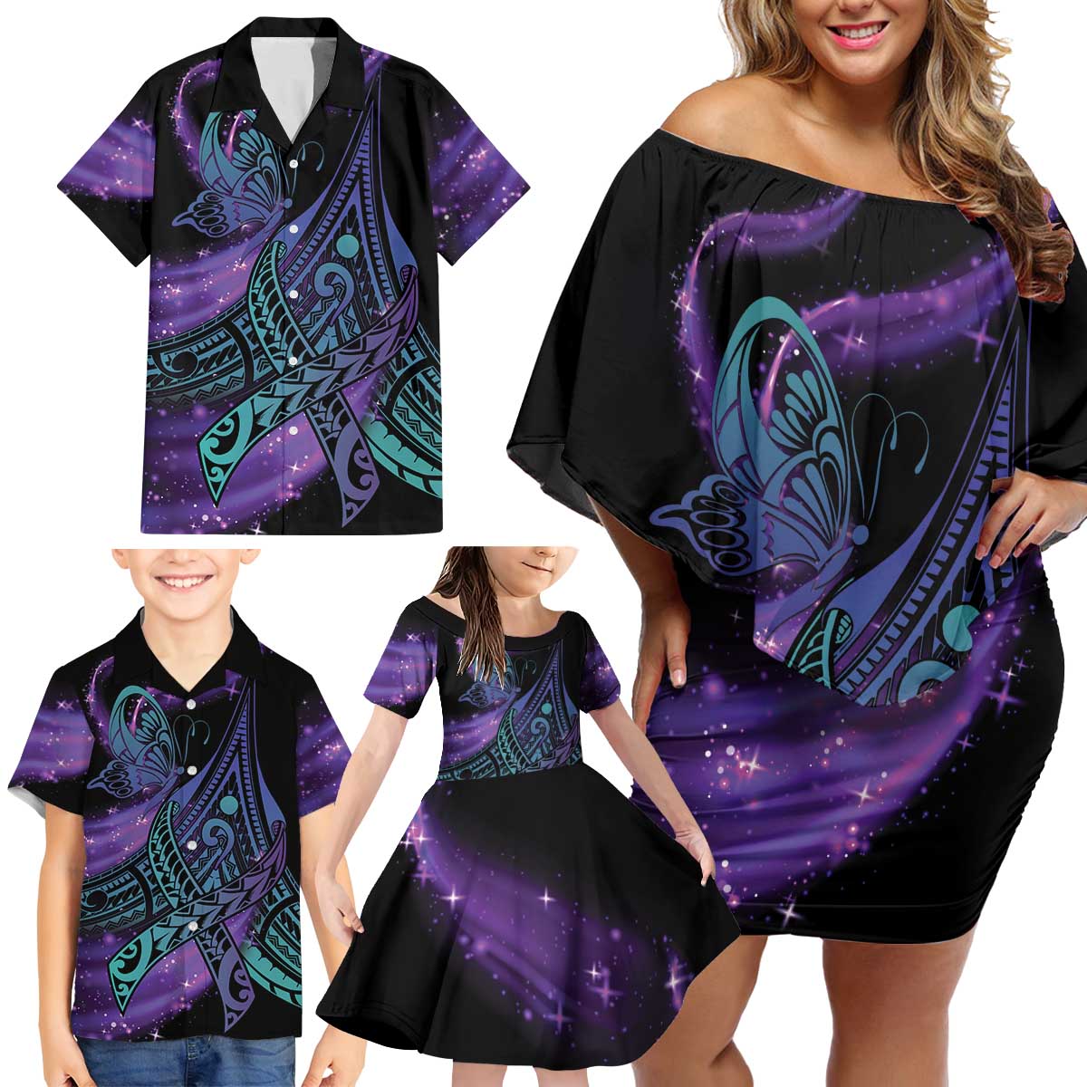 In September We Wear Teal And Purple Family Matching Off Shoulder Short Dress and Hawaiian Shirt Magic Ribbon Semicolon LT01 - Polynesian Pride