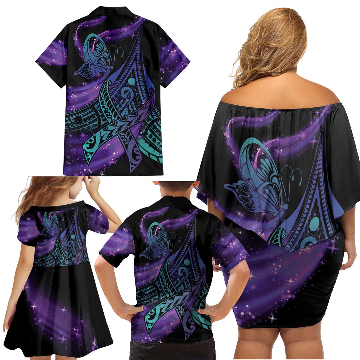 In September We Wear Teal And Purple Family Matching Off Shoulder Short Dress and Hawaiian Shirt Magic Ribbon Semicolon LT01 - Polynesian Pride