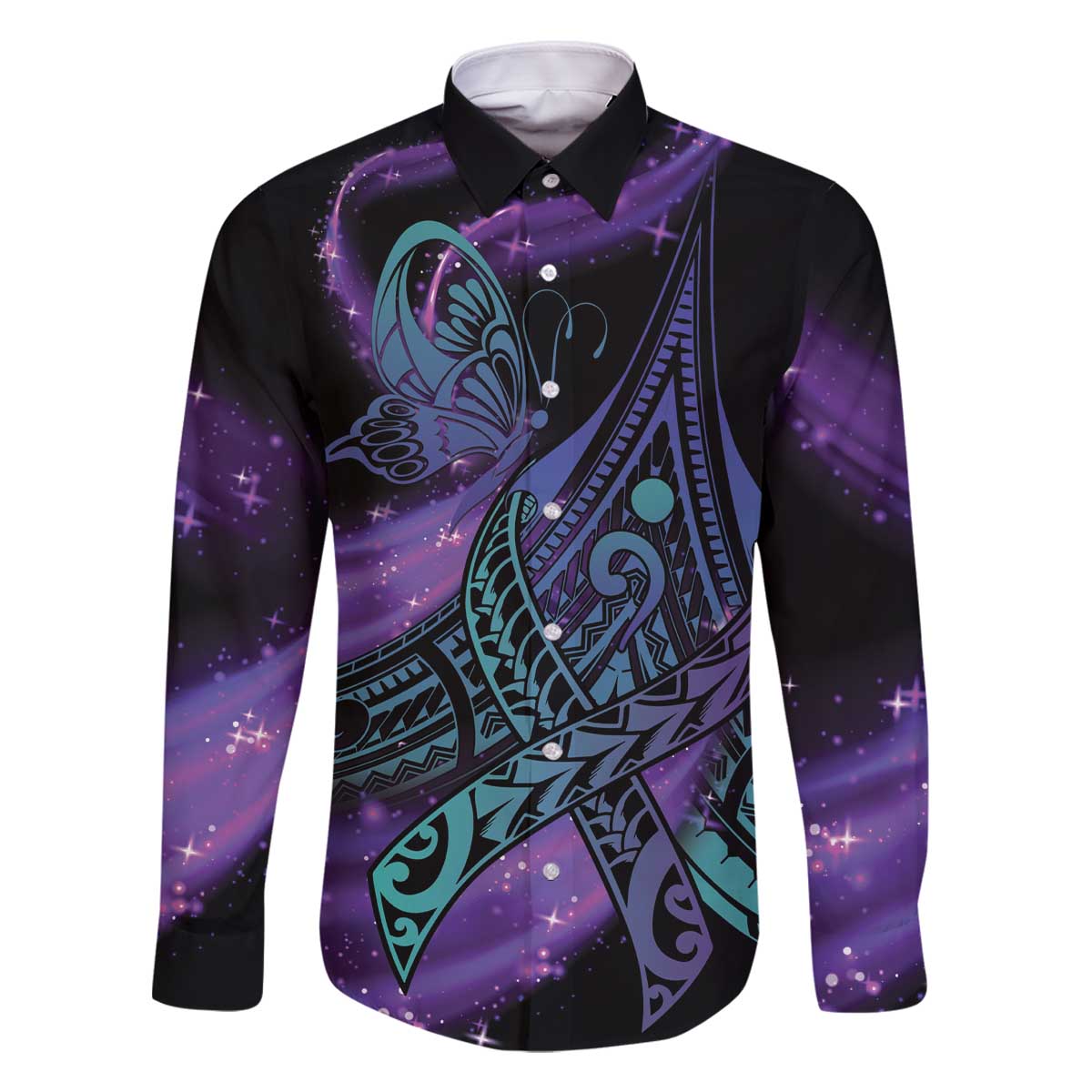In September We Wear Teal And Purple Family Matching Off Shoulder Short Dress and Hawaiian Shirt Magic Ribbon Semicolon LT01 Dad's Shirt - Long Sleeve Purple - Polynesian Pride