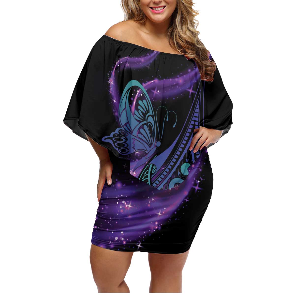 In September We Wear Teal And Purple Family Matching Off Shoulder Short Dress and Hawaiian Shirt Magic Ribbon Semicolon LT01 Mom's Dress Purple - Polynesian Pride