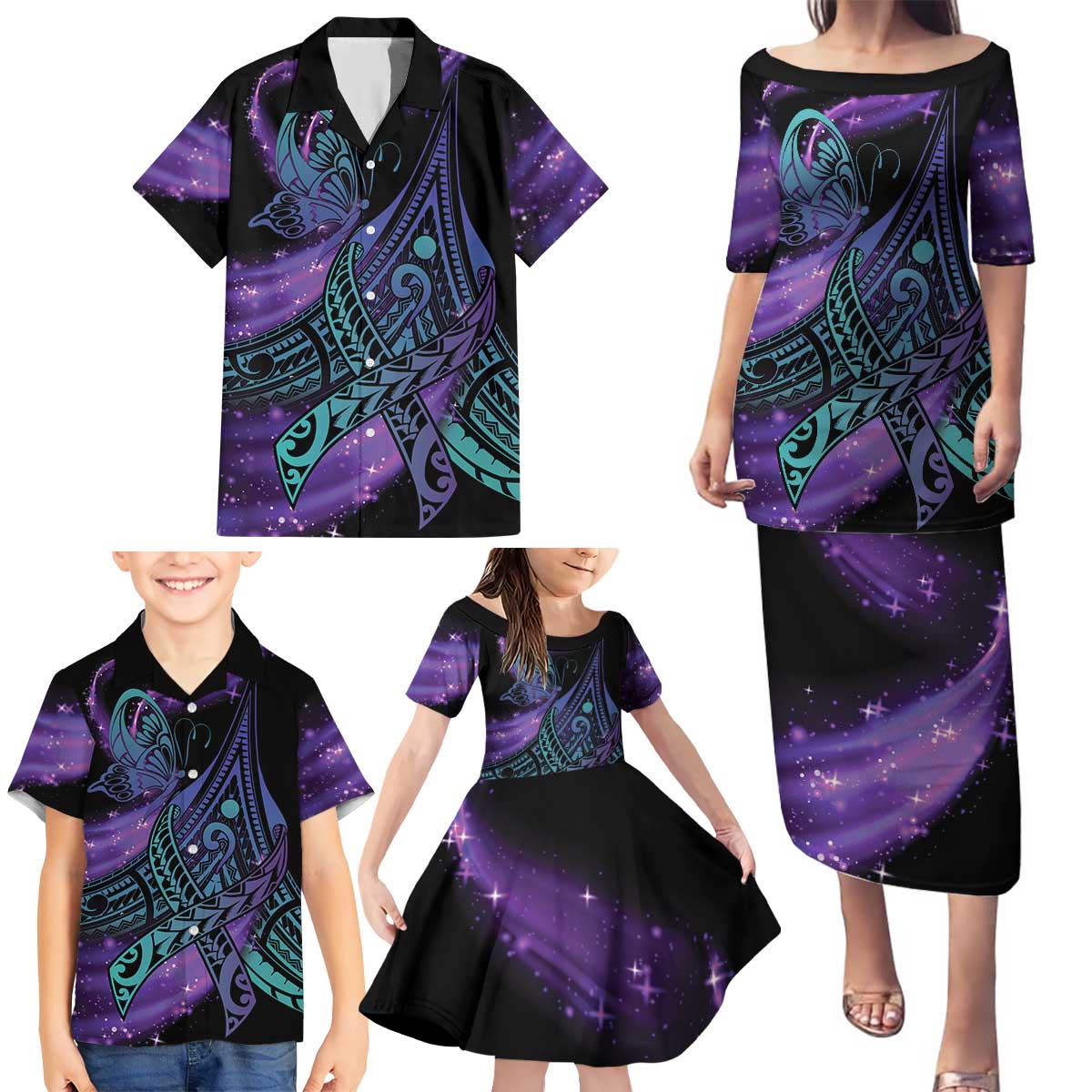 In September We Wear Teal And Purple Family Matching Puletasi and Hawaiian Shirt Magic Ribbon Semicolon LT01 - Polynesian Pride