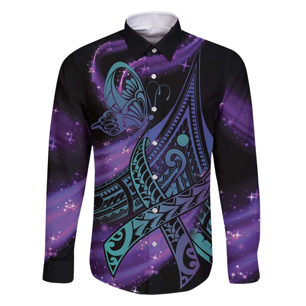 In September We Wear Teal And Purple Family Matching Tank Maxi Dress and Hawaiian Shirt Magic Ribbon Semicolon LT01 Dad's Shirt - Long Sleeve Purple - Polynesian Pride