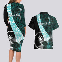 Chuuk Constitution Day Couples Matching Long Sleeve Bodycon Dress and Hawaiian Shirt Hibiscus Turquoise Pattern