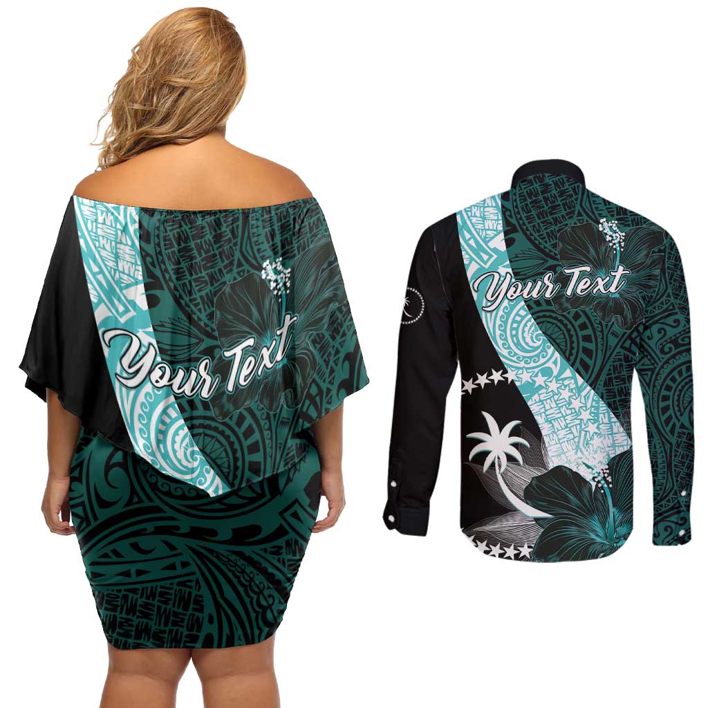 Chuuk Constitution Day Couples Matching Off Shoulder Short Dress and Long Sleeve Button Shirt Hibiscus Turquoise Pattern