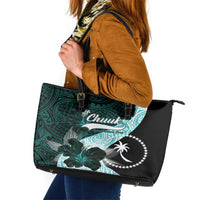 Chuuk Constitution Day Leather Tote Bag Hibiscus Turquoise Pattern LT01 Turquoise - Polynesian Pride