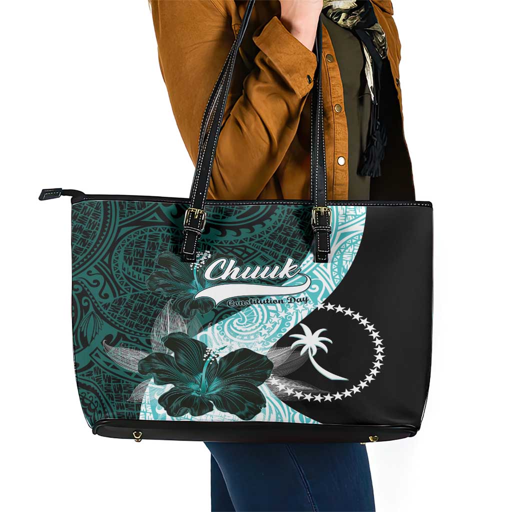 Chuuk Constitution Day Leather Tote Bag Hibiscus Turquoise Pattern LT01 - Polynesian Pride