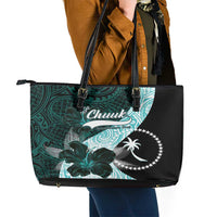 Chuuk Constitution Day Leather Tote Bag Hibiscus Turquoise Pattern LT01 - Polynesian Pride