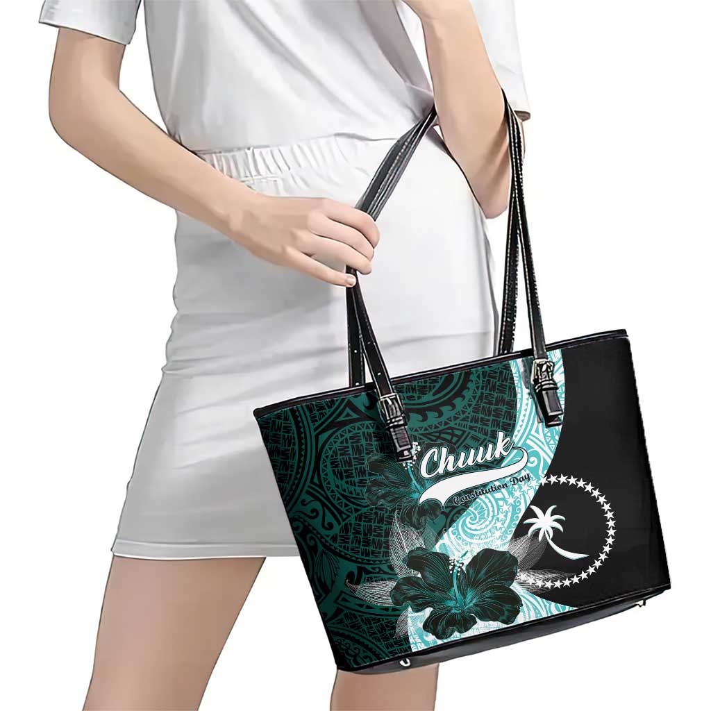 Chuuk Constitution Day Leather Tote Bag Hibiscus Turquoise Pattern LT01 - Polynesian Pride