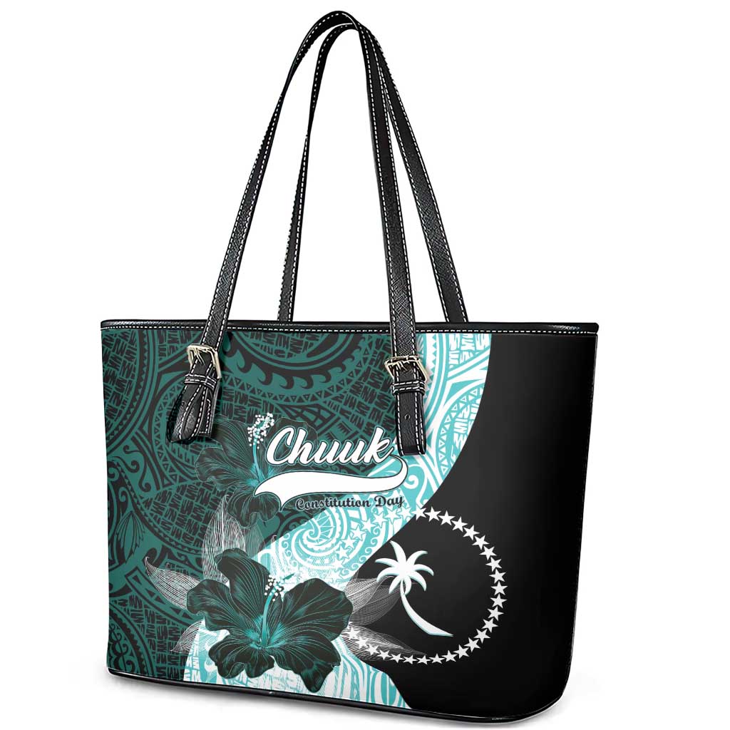 Chuuk Constitution Day Leather Tote Bag Hibiscus Turquoise Pattern LT01 - Polynesian Pride