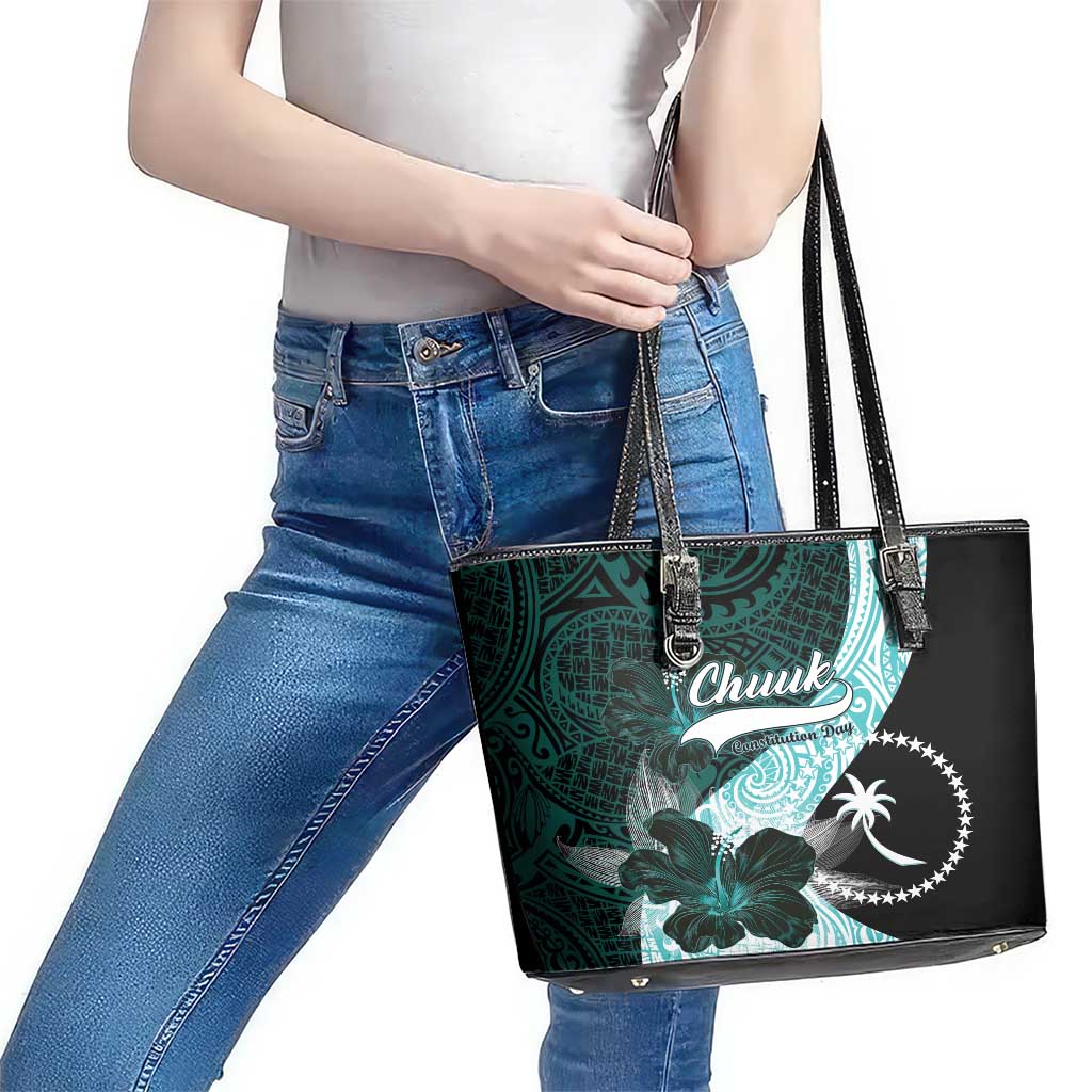 Chuuk Constitution Day Leather Tote Bag Hibiscus Turquoise Pattern LT01 - Polynesian Pride