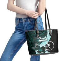 Chuuk Constitution Day Leather Tote Bag Hibiscus Turquoise Pattern LT01 - Polynesian Pride