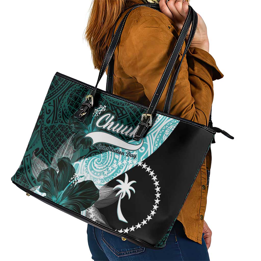 Chuuk Constitution Day Leather Tote Bag Hibiscus Turquoise Pattern LT01 - Polynesian Pride