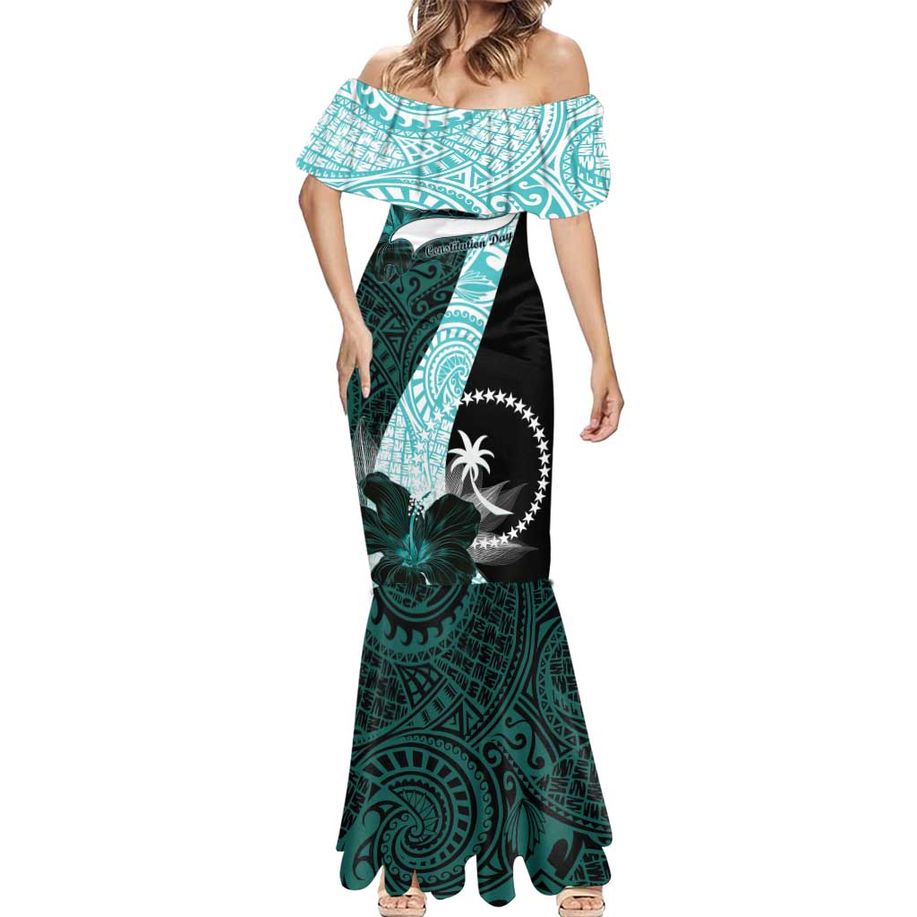 Chuuk Constitution Day Mermaid Dress Hibiscus Turquoise Pattern
