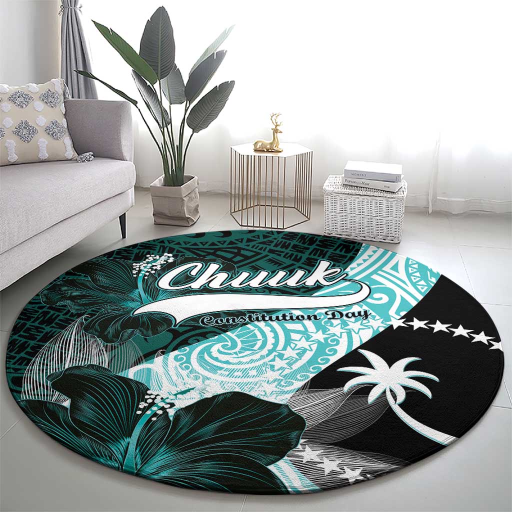 Chuuk Constitution Day Round Carpet Hibiscus Turquoise Pattern