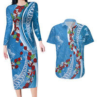 Fiji Tagimaucia Floral Couples Matching Long Sleeve Bodycon Dress and Hawaiian Shirt Tapa Pattern LT01 Blue - Polynesian Pride