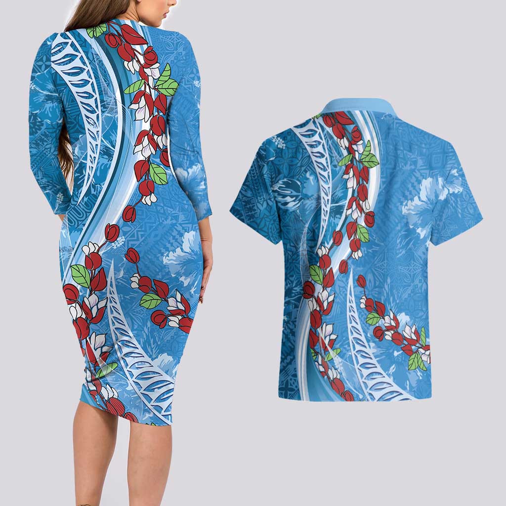 Fiji Tagimaucia Floral Couples Matching Long Sleeve Bodycon Dress and Hawaiian Shirt Tapa Pattern LT01 - Polynesian Pride