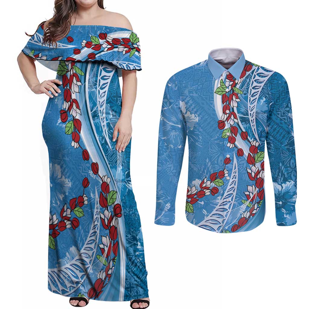 Fiji Tagimaucia Floral Couples Matching Off Shoulder Maxi Dress and Long Sleeve Button Shirt Tapa Pattern LT01 Blue - Polynesian Pride