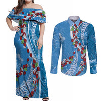 Fiji Tagimaucia Floral Couples Matching Off Shoulder Maxi Dress and Long Sleeve Button Shirt Tapa Pattern LT01 Blue - Polynesian Pride