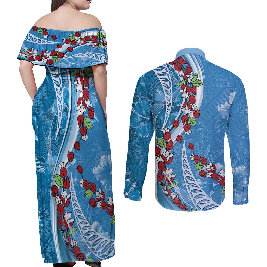 Fiji Tagimaucia Floral Couples Matching Off Shoulder Maxi Dress and Long Sleeve Button Shirt Tapa Pattern LT01 - Polynesian Pride