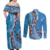 Fiji Tagimaucia Floral Couples Matching Off Shoulder Maxi Dress and Long Sleeve Button Shirt Tapa Pattern LT01 - Polynesian Pride