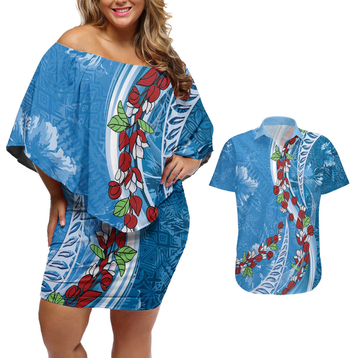 Fiji Tagimaucia Floral Couples Matching Off Shoulder Short Dress and Hawaiian Shirt Tapa Pattern LT01 Blue - Polynesian Pride