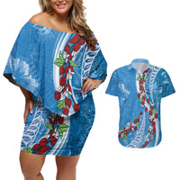 Fiji Tagimaucia Floral Couples Matching Off Shoulder Short Dress and Hawaiian Shirt Tapa Pattern LT01 Blue - Polynesian Pride