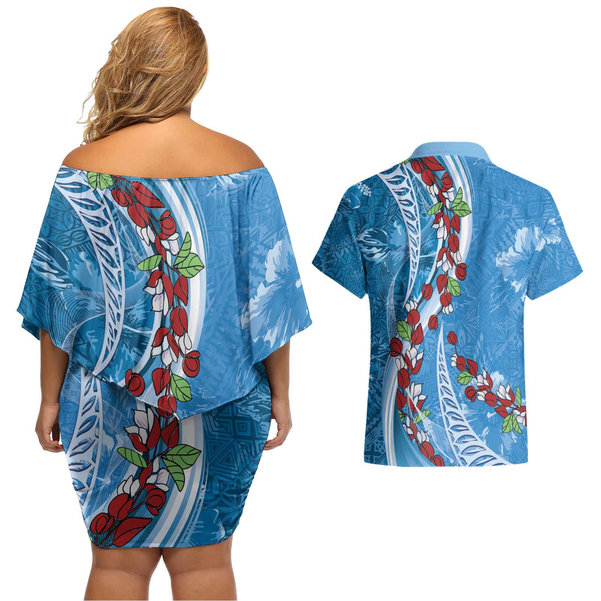 Fiji Tagimaucia Floral Couples Matching Off Shoulder Short Dress and Hawaiian Shirt Tapa Pattern LT01 - Polynesian Pride