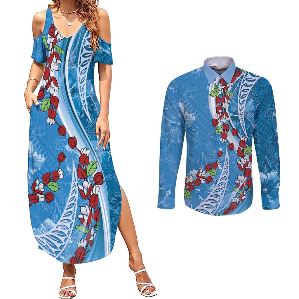 Fiji Tagimaucia Floral Couples Matching Summer Maxi Dress and Long Sleeve Button Shirt Tapa Pattern LT01 Blue - Polynesian Pride